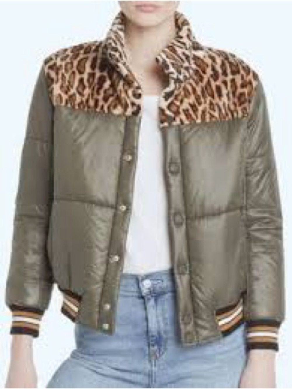 MOTHER Jacket Puff Fur Snap Olive Green Leopard Print Puffer Bomber Outerwear